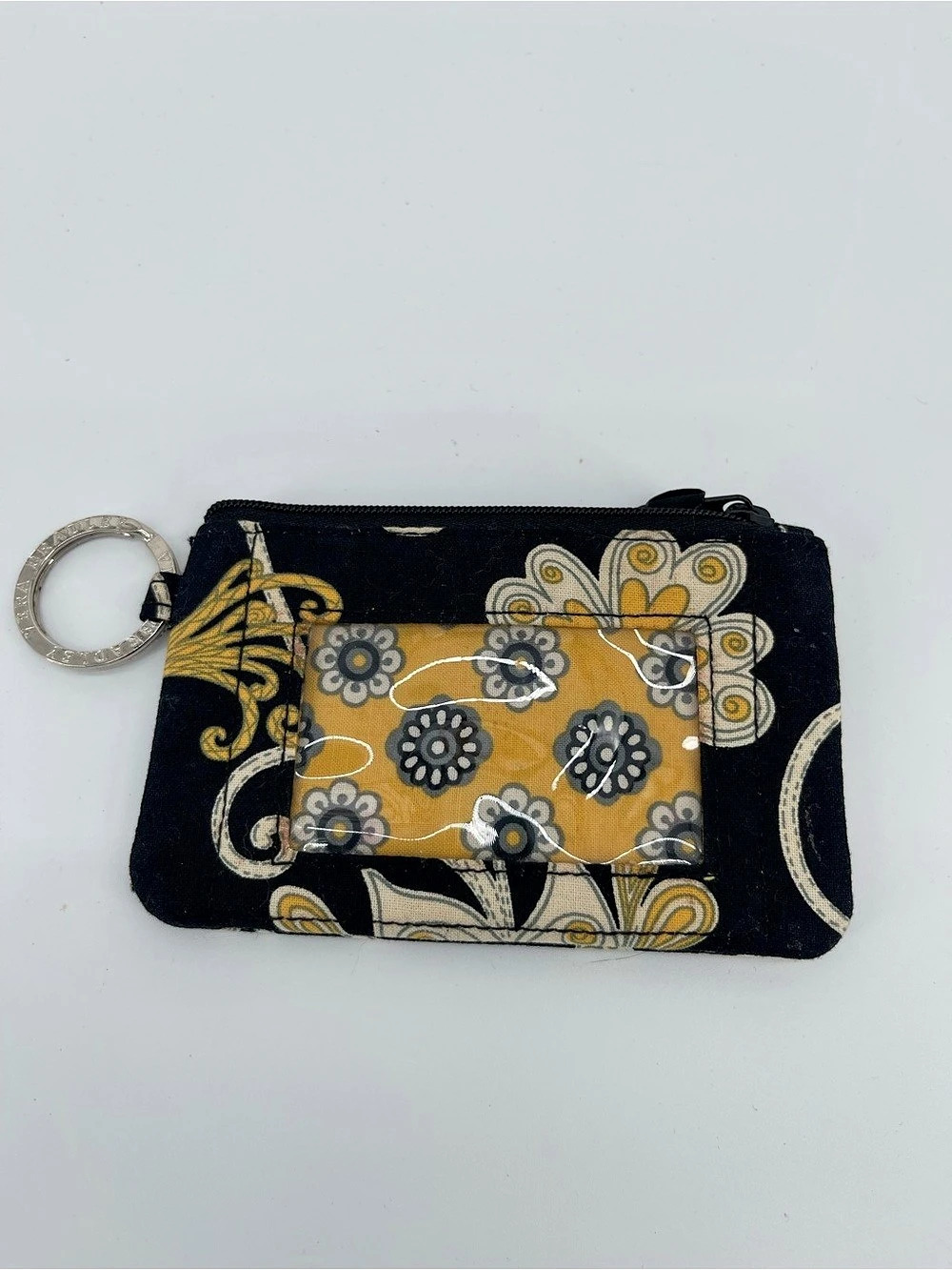 Vera Bradley Zip ID Case Floral Zip Key Ring Wallet Black & Yellow